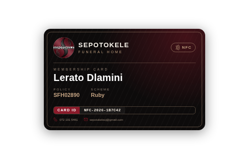 Sepotokele Onyx NFC membership card — sample member Lerato Dlamini, Ruby scheme