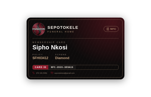 Sepotokele Onyx NFC membership card — sample member Sipho Nkosi, Diamond scheme