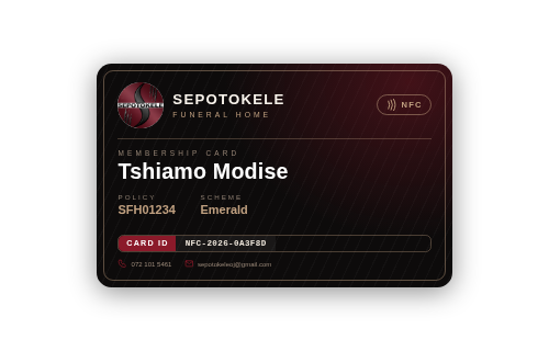 Sepotokele Onyx NFC membership card — sample member Tshiamo Modise, Emerald scheme